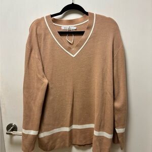 Tan V-Neck Sweater Set with White Stripes. Wide leg pant.